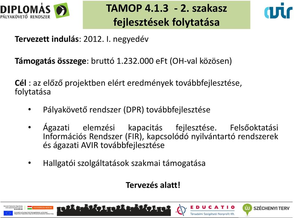 rendszer (DPR) továbbfejlesztése Ágazati elemzési kapacitás fejlesztése.