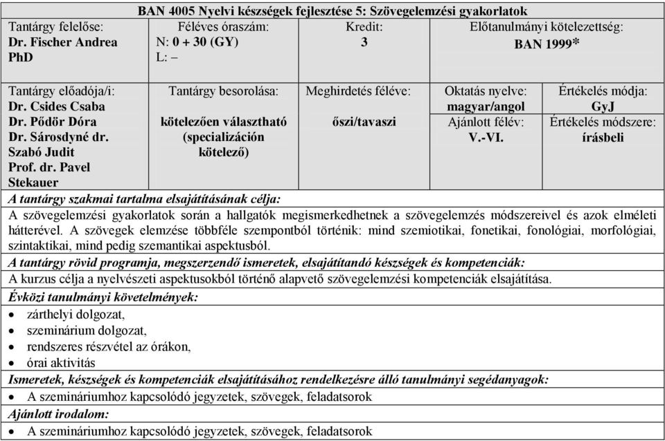 írásbeli A szövegelemzési gyakorlatok során a hallgatók megismerkedhetnek a szövegelemzés módszereivel és azok elméleti hátterével.