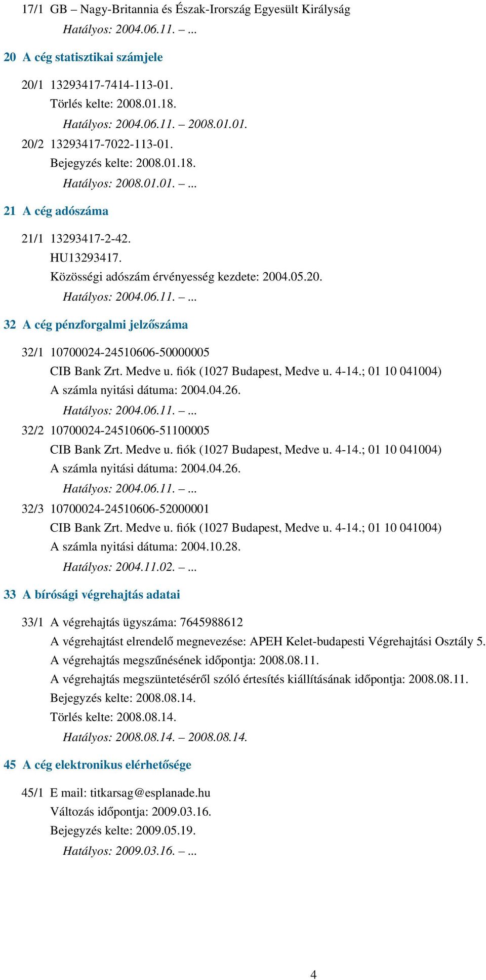 Medve u. fiók (1027 Budapest, Medve u. 4-14.; 01 10 041004) A számla nyitási dátuma: 2004.04.26. 32/2 10700024-24510606-51100005 CIB Bank Zrt. Medve u. fiók (1027 Budapest, Medve u. 4-14.; 01 10 041004) A számla nyitási dátuma: 2004.04.26. 32/3 10700024-24510606-52000001 CIB Bank Zrt.