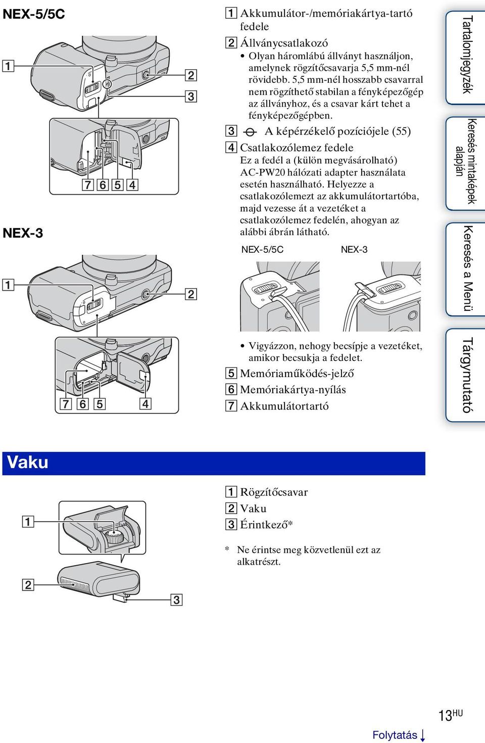 C A képérzékelő pozíciójele (55) D Csatlakozólemez fedele Ez a fedél a (külön megvásárolható) AC-PW20 hálózati adapter használata esetén használható.