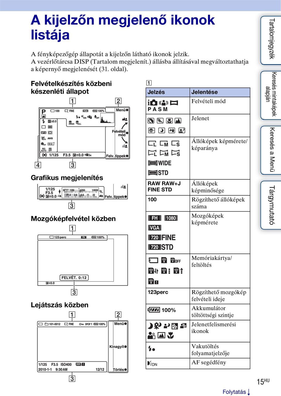 Felvételkészítés közbeni készenléti állapot A Jelzés P A S M Jelentése Felvételi mód Jelenet Grafikus megjelenítés Mozgóképfelvétel közben RAW RAW+J FINE STD Állóképek