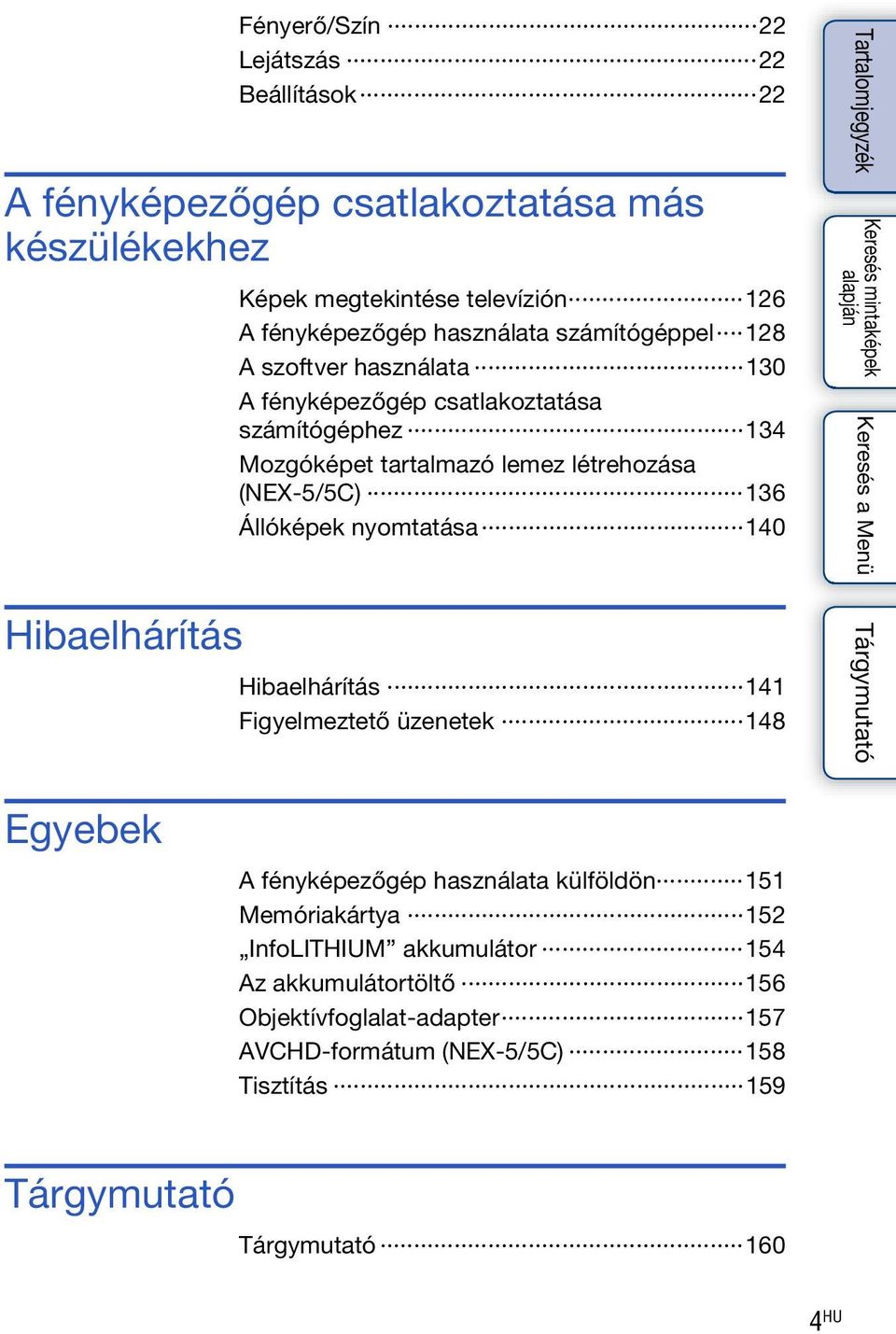 létrehozása (NEX-5/5C) 136 Állóképek nyomtatása 140 Hibaelhárítás 141 Figyelmeztető üzenetek 148 Egyebek A fényképezőgép használata külföldön 151