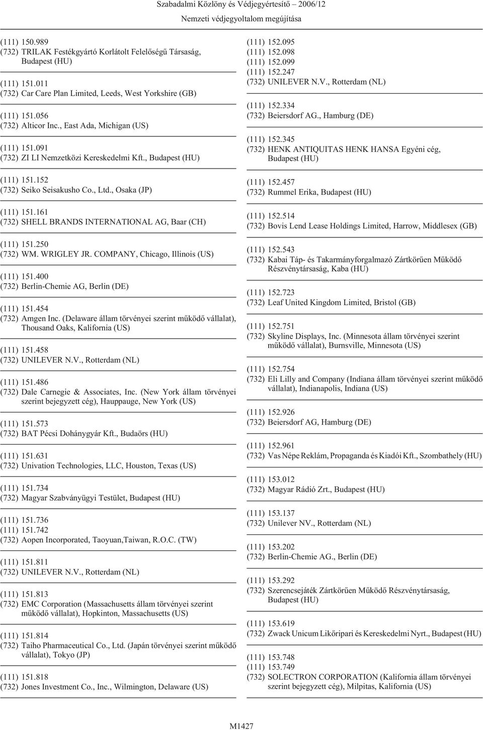 161 (732) SHELL BRANDS INTERNATIONAL AG, Baar (CH) (111) 151.250 (732) WM. WRIGLEY JR. COMPANY, Chicago, Illinois (US) (111) 151.400 (732) Berlin-Chemie AG, Berlin (DE) (111) 151.454 (732) Amgen Inc.