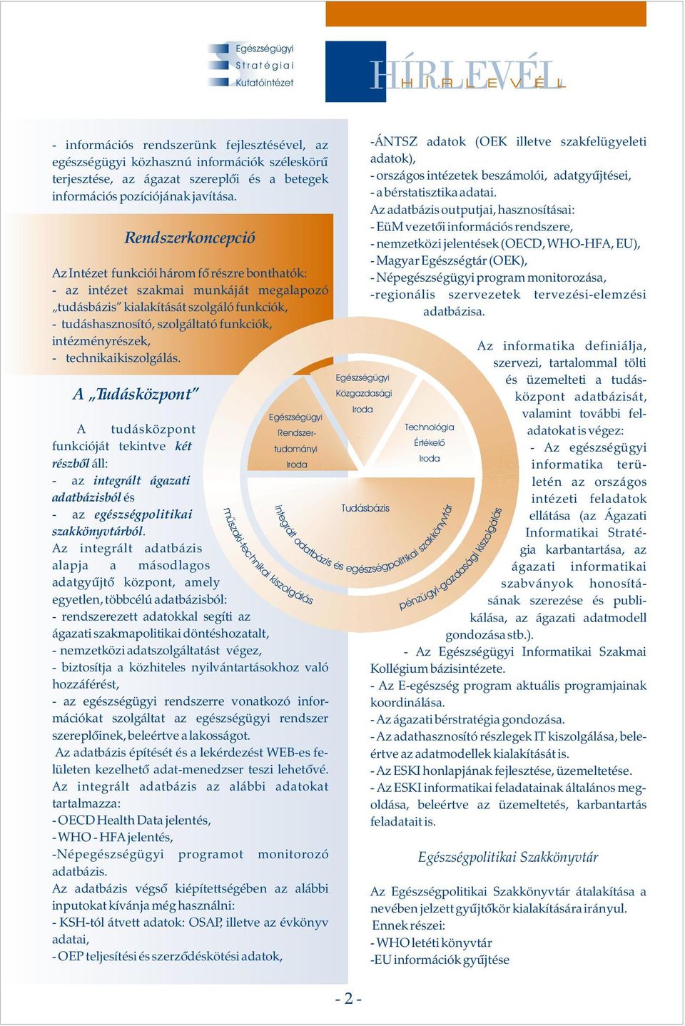 Az dtbázi outputji, hznoítái: Rendzerkoncepció - EüM vezetõi információ rendzere, - nemzetközi jelentéek (OECD, WHO-HFA, EU), - Mgyr Egézégtár (OEK), Az Intézet funkciói három fõ rézre bonthtók: -