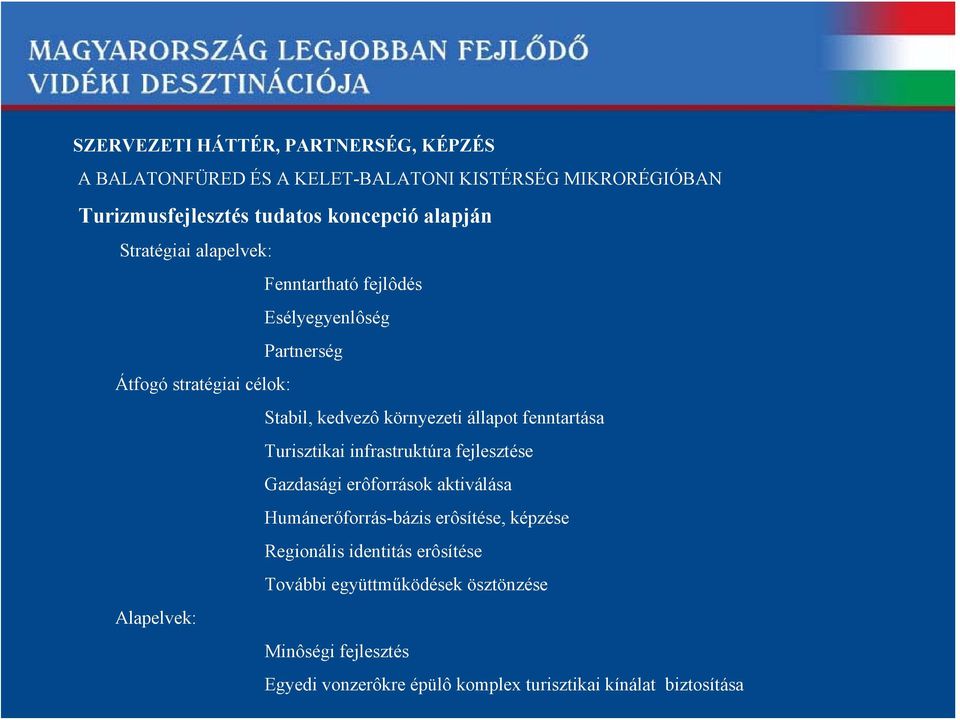 infrastruktúra fejlesztése Gazdasági erôforrások aktiválása Humánerőforrás-bázis erôsítése, képzése Regionális identitás