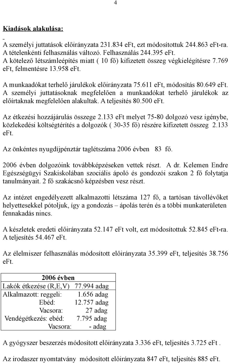 A személyi juttatásoknak megfelelően a munkaadókat terhelő járulékok az előírtaknak megfelelően alakultak. A teljesítés 80.500 eft. Az étkezési hozzájárulás összege 2.