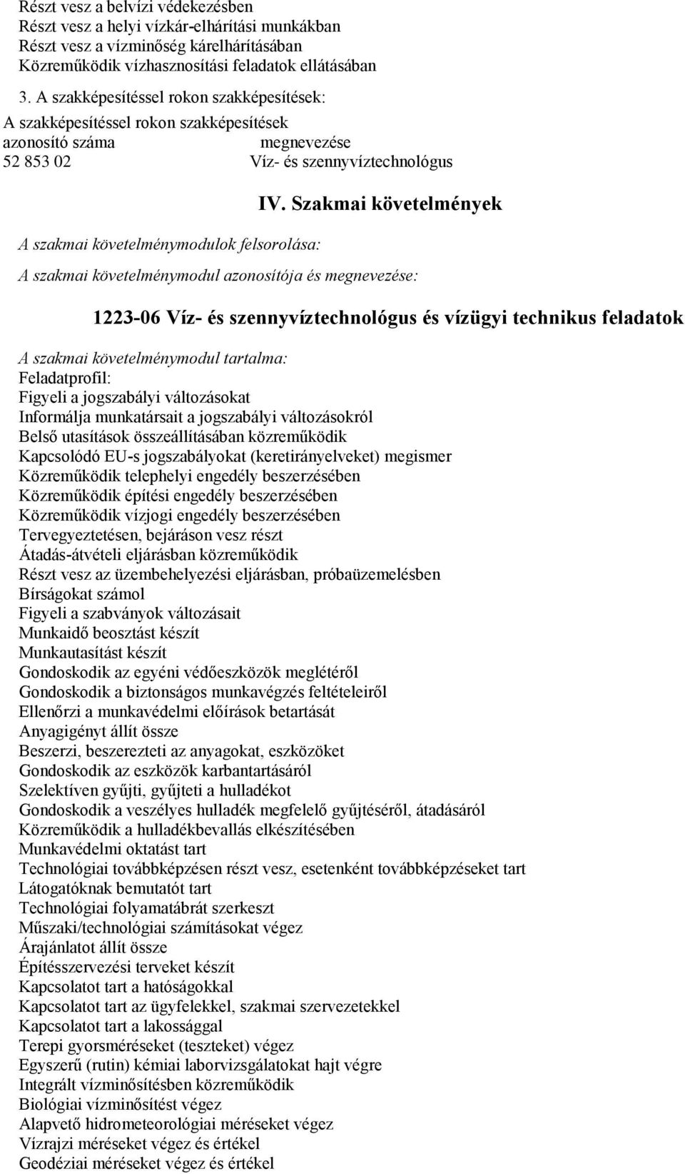 Szakmai követelmények A szakmai követelménymodul azonosítója és megnevezése: 122306 Víz és szennyvíztechnológus és vízügyi feladatok A szakmai követelménymodul tartalma: Feladatprofil: Figyeli a