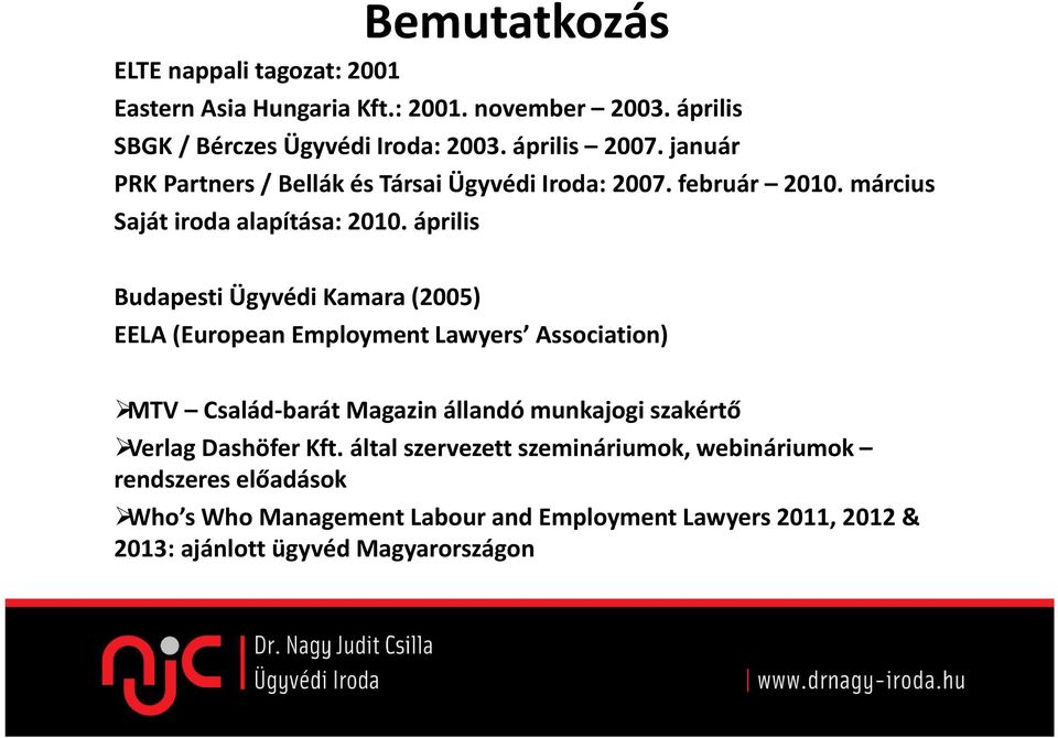 április Budapesti Ügyvédi Kamara (2005) EELA (European Employment Lawyers Association) MTV Család-barát Magazin állandó munkajogi szakértő Verlag