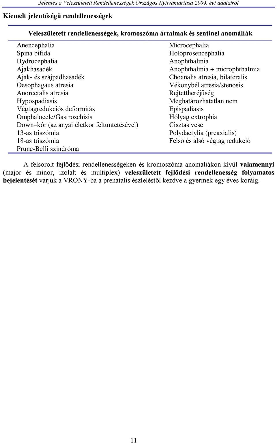 Microcephalia Holoprosencephalia Anophthalmia Anophthalmia + microphthalmia Choanalis atresia, bilateralis Vékonybél atresia/stenosis Rejtettheréjűség Meghatározhatatlan nem Epispadiasis Hólyag