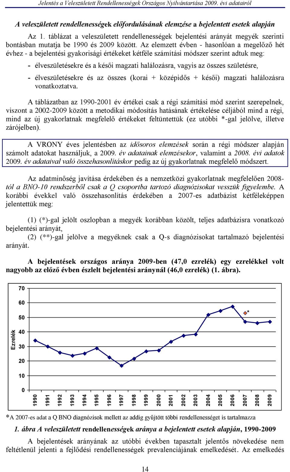 táblázat a veleszületett rendellenességek bejelentési arányát megyék szerinti bontásban mutatja be 1990 és 2009 között.