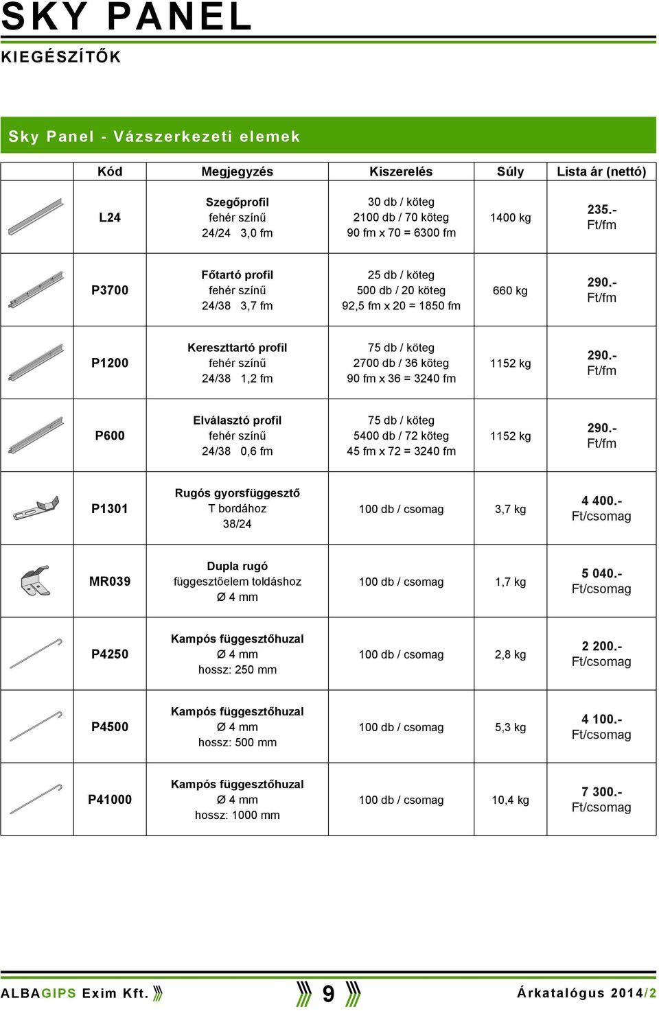 P1200 Kereszttartó profi fehér színű 24/38 1,2 fm 75 db / öteg 2700 db / 36 öteg 90 fm x 36 = 3240 fm 1152 g 290.