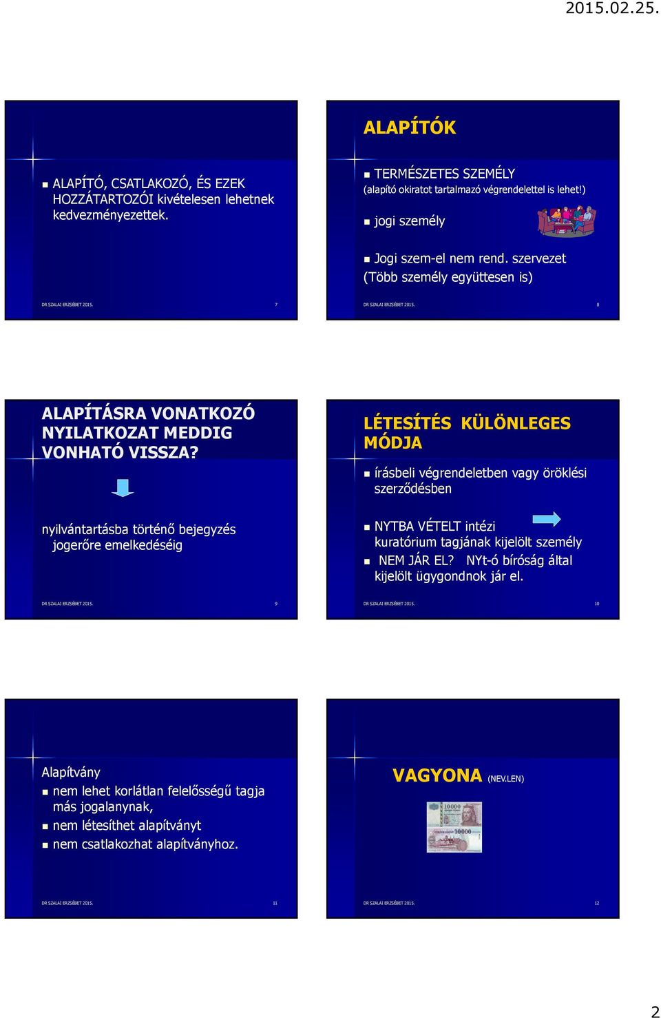 LÉTESÍTÉS KÜLÖNLEGES MÓDJA írásbeli végrendeletben vagy öröklési szerződésben nyilvántartásba történő bejegyzés jogerőre emelkedéséig NYTBA VÉTELT intézi kuratórium tagjának kijelölt személy NEM JÁR