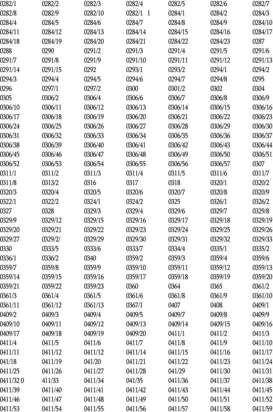 0294/1 0294/2 0294/3 0294/4 0294/5 0294/6 0294/7 0294/8 0295 0296 0297/1 0297/2 0300 0301/2 0302 0304 0305 0306/2 0306/4 0306/6 0306/7 0306/8 0306/9 0306/10 0306/11 0306/12 0306/13 0306/14 0306/15
