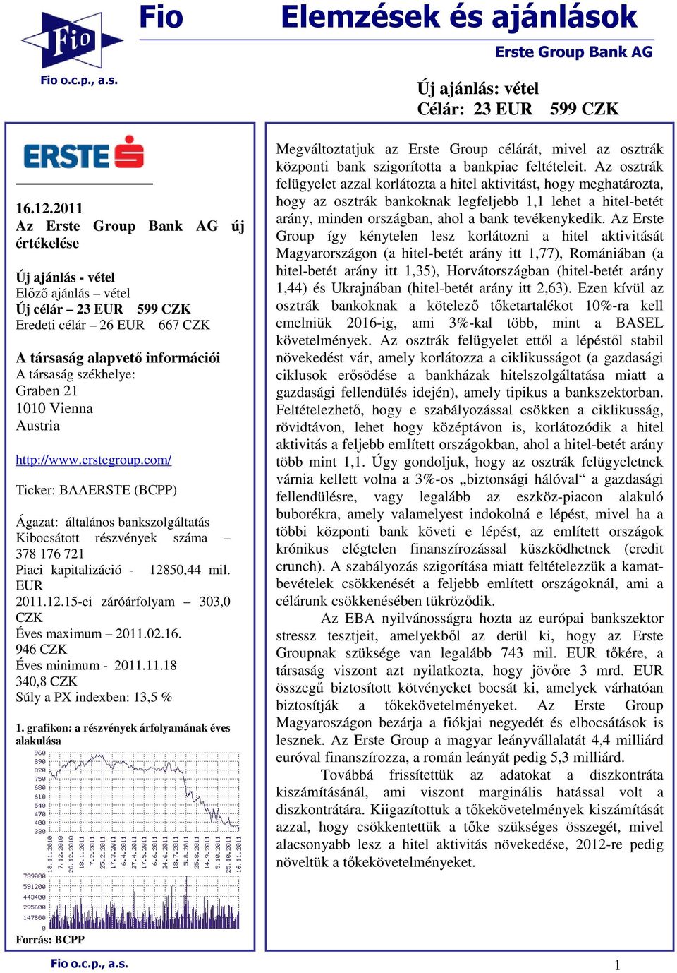 1010 Vienna Austria http://www.erstegroup.com/ Ticker: BAAERSTE (BCPP) Ágazat: általános bankszolgáltatás Kibocsátott részvények száma 378 176 721 Piaci kapitalizáció - 128