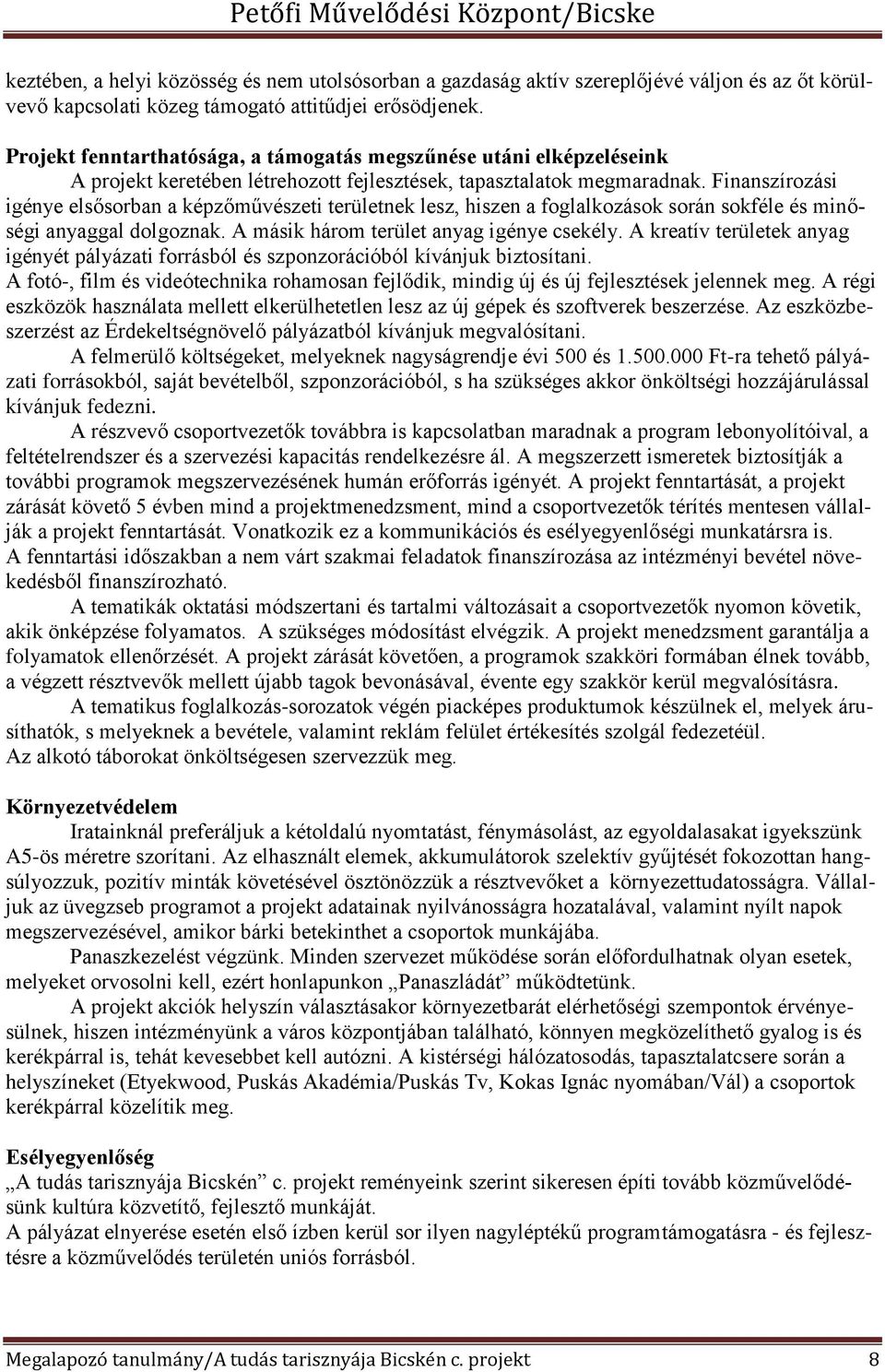 Finanszírozási igénye elsősorban a képzőművészeti területnek lesz, hiszen a foglalkozások során sokféle és minőségi anyaggal dolgoznak. A másik három terület anyag igénye csekély.