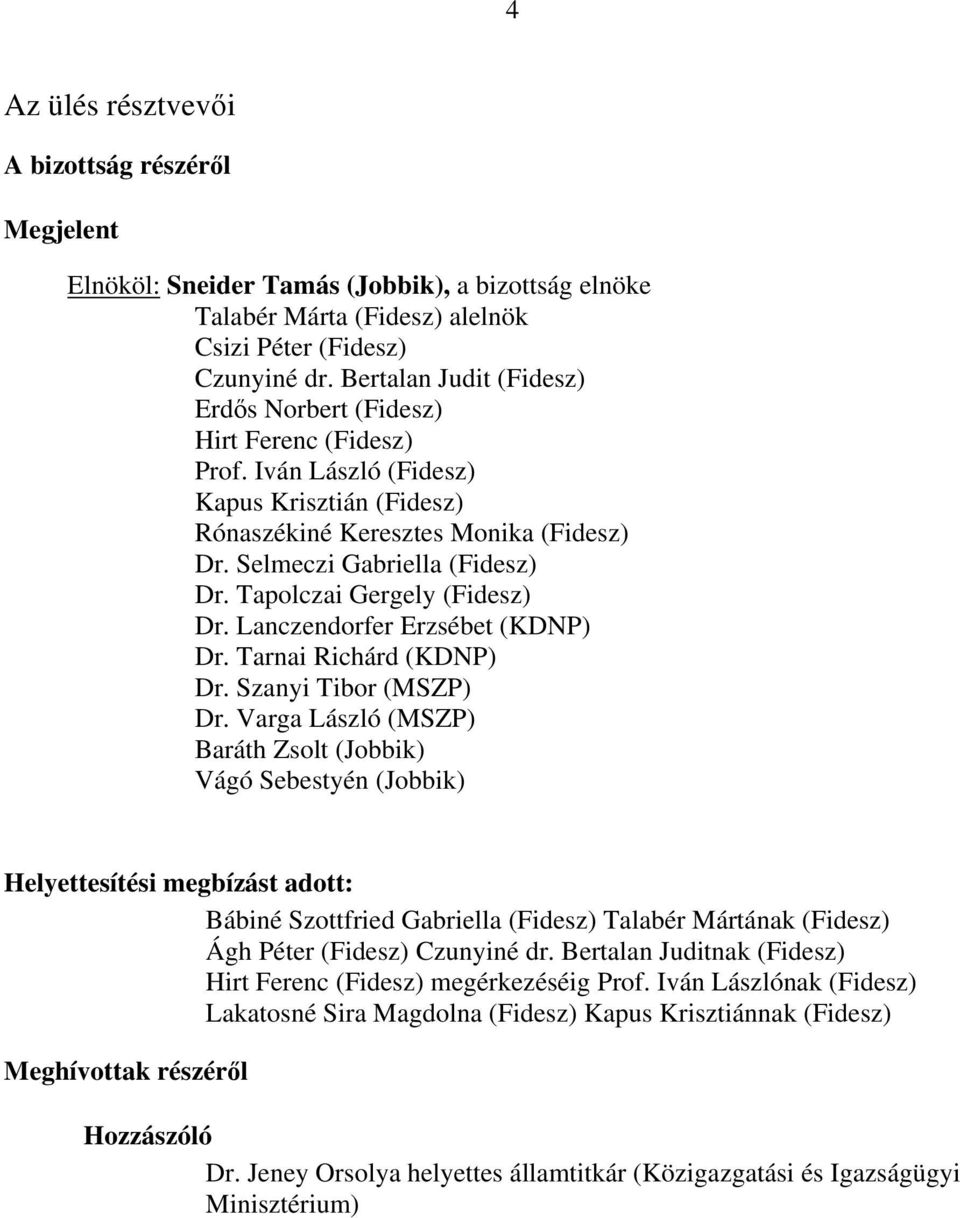 Tapolczai Gergely (Fidesz) Dr. Lanczendorfer Erzsébet (KDNP) Dr. Tarnai Richárd (KDNP) Dr. Szanyi Tibor (MSZP) Dr.