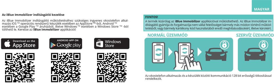 A termék kizárólag az iblue Immobilizer applikációval működtethető.