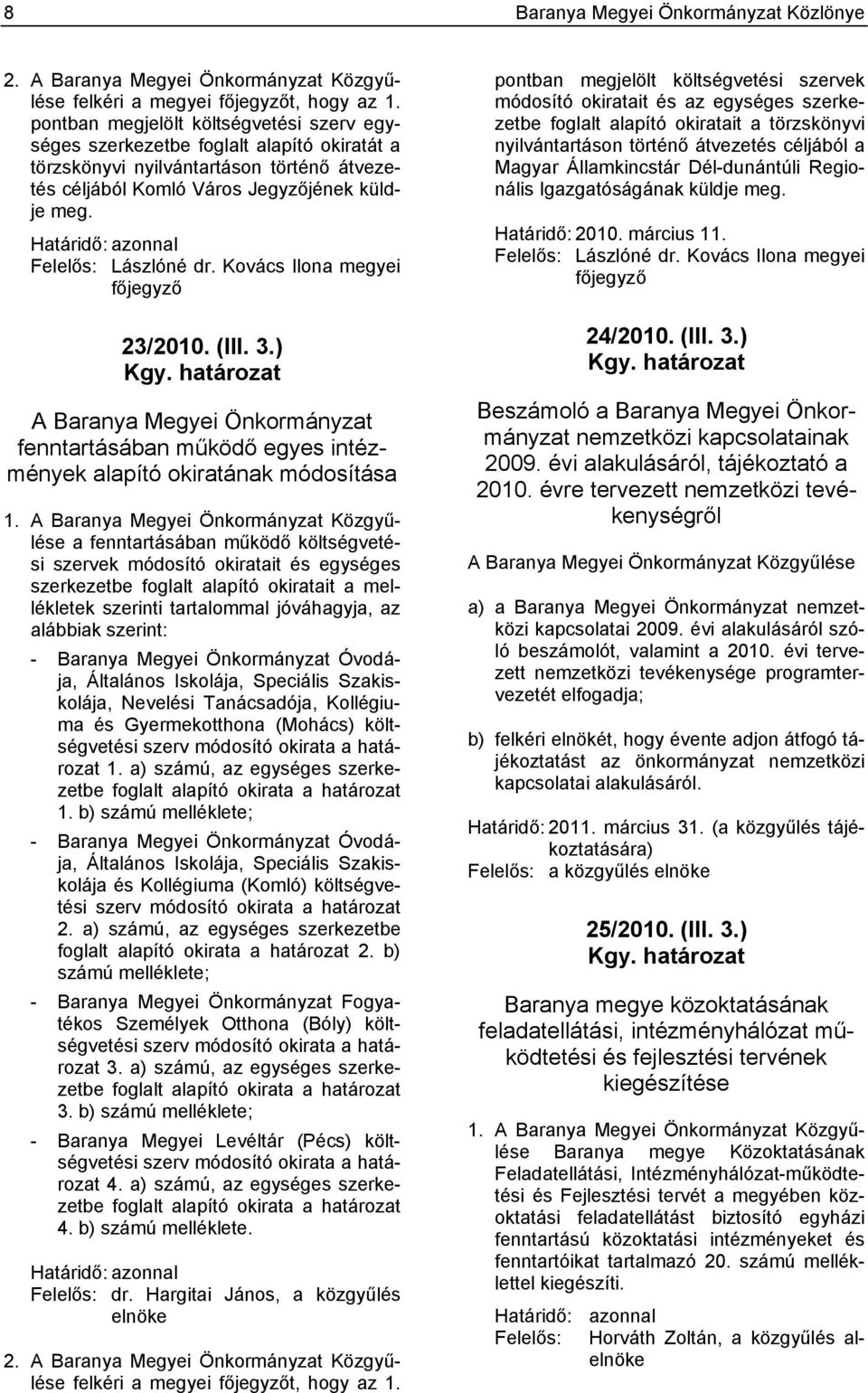 Határidő: azonnal Felelős: Lászlóné dr. Kovács Ilona megyei főjegyző 23/2010. (III. 3.) Kgy.