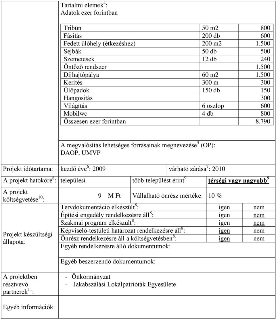 500 Kerítés 300 m 300 Ülőpadok 150 db 150 Hangosítás 300 Világítás 6 oszlop 600 Mobilwc 4 db 800 Összesen ezer forintban 8.