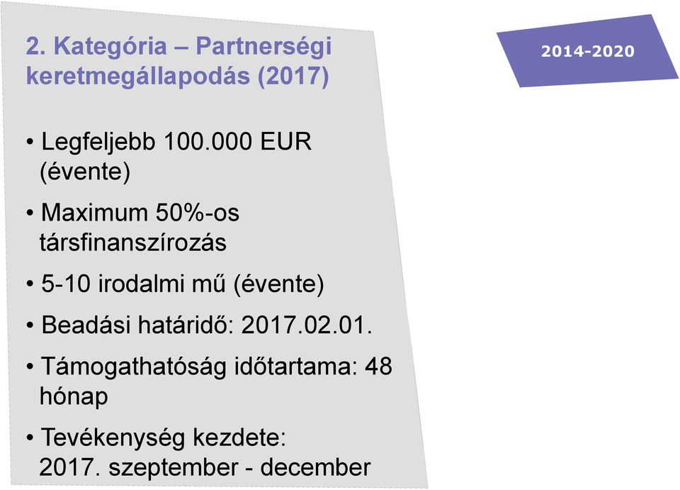 000 EUR (évente) Maximum 50%-os társfinanszírozás 5-10 irodalmi mű