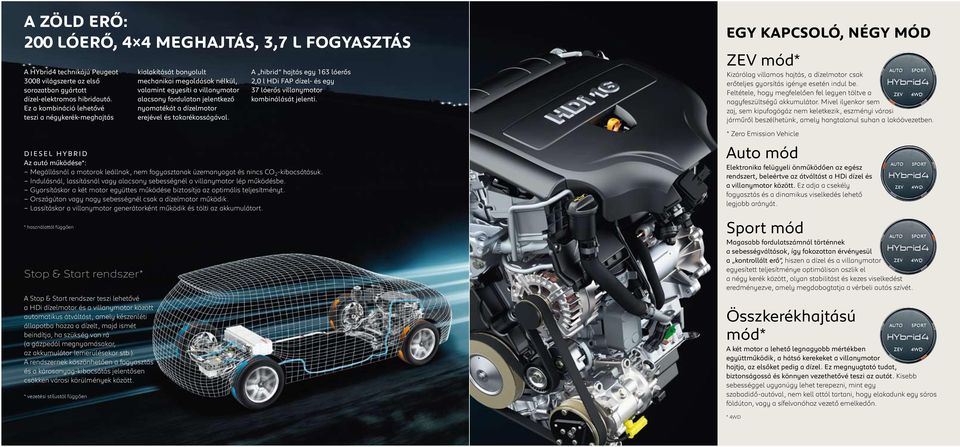 erejével és takarékosságával. A hibrid hajtás egy 163 lóerős 2,0 l HDi FAP dízel- és egy 37 lóerős villanymotor kombinálását jelenti.