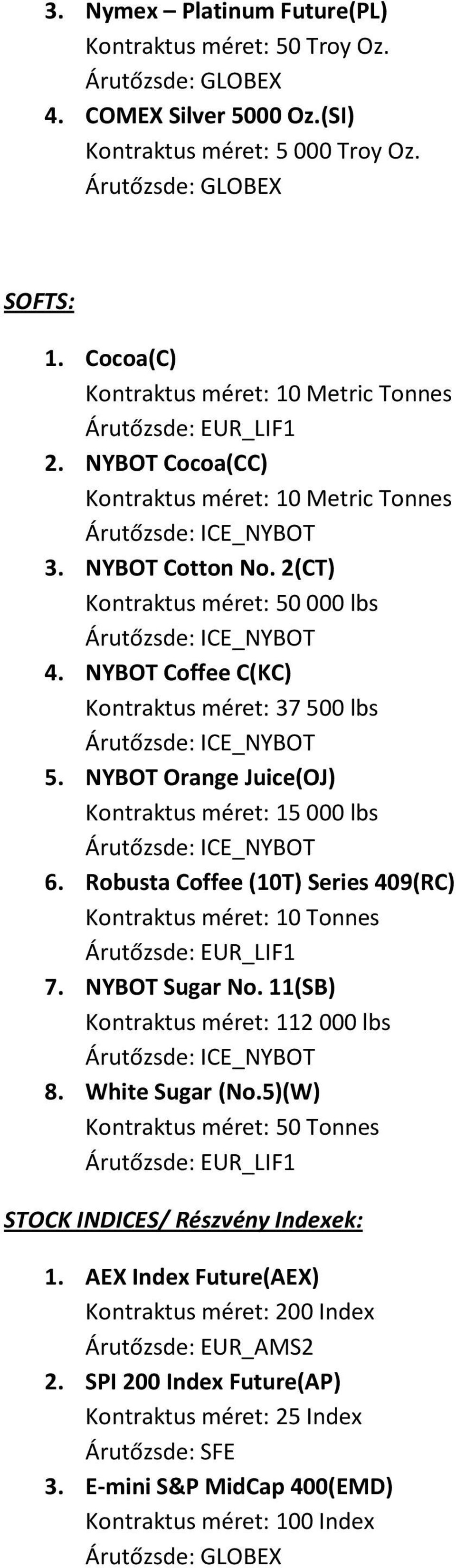 NYBOT Coffee C(KC) Kontraktus méret: 37 500 lbs Árutőzsde: ICE_NYBOT 5. NYBOT Orange Juice(OJ) Kontraktus méret: 15 000 lbs Árutőzsde: ICE_NYBOT 6.