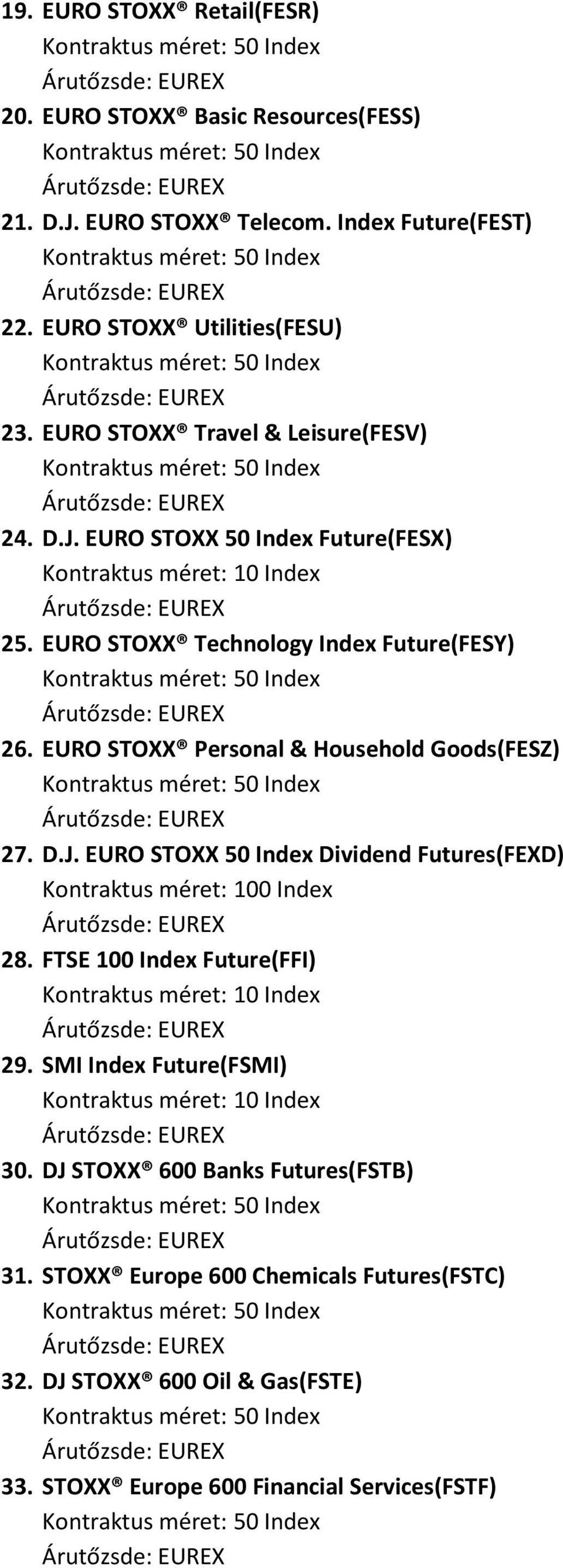 EURO STOXX Personal & Household Goods(FESZ) 27. D.J. EURO STOXX 50 Index Dividend Futures(FEXD) Kontraktus méret: 100 Index 28.