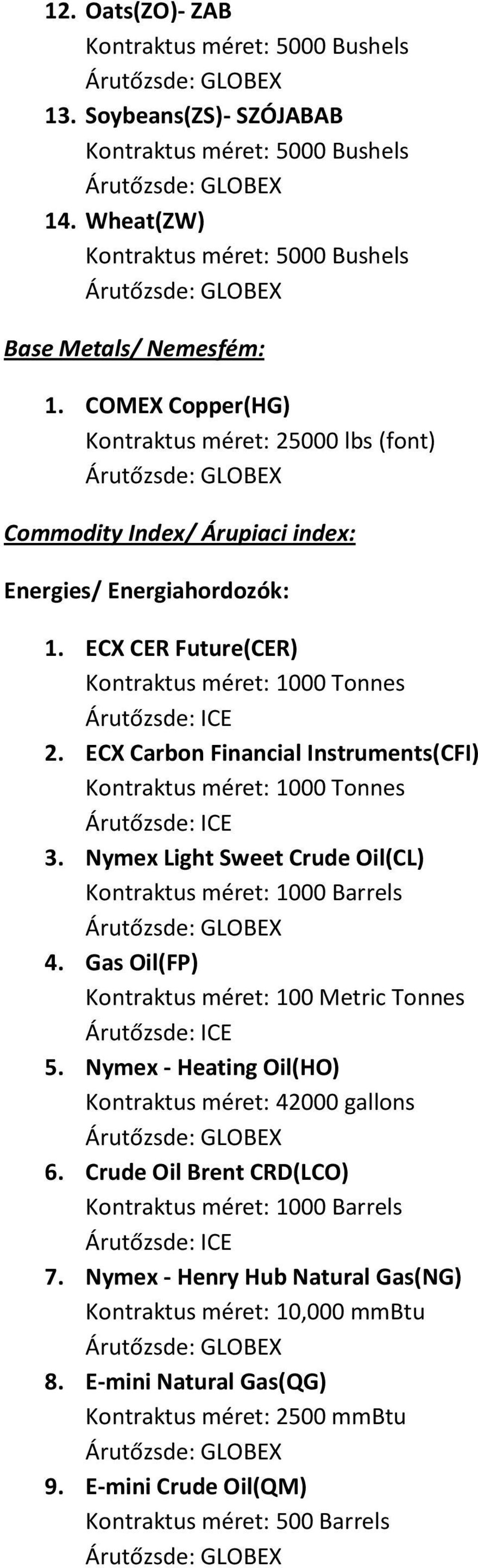 ECX Carbon Financial Instruments(CFI) Kontraktus méret: 1000 Tonnes Árutőzsde: ICE 3. Nymex Light Sweet Crude Oil(CL) Kontraktus méret: 1000 Barrels 4.