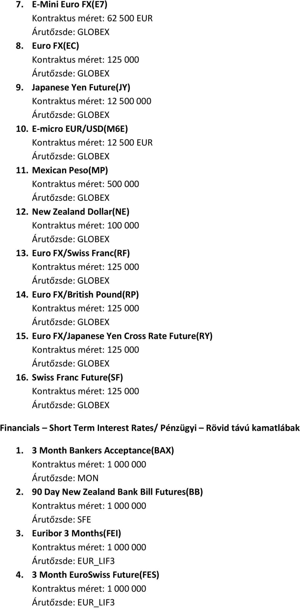 Euro FX/British Pound(RP) Kontraktus méret: 125 000 15. Euro FX/Japanese Yen Cross Rate Future(RY) Kontraktus méret: 125 000 16.