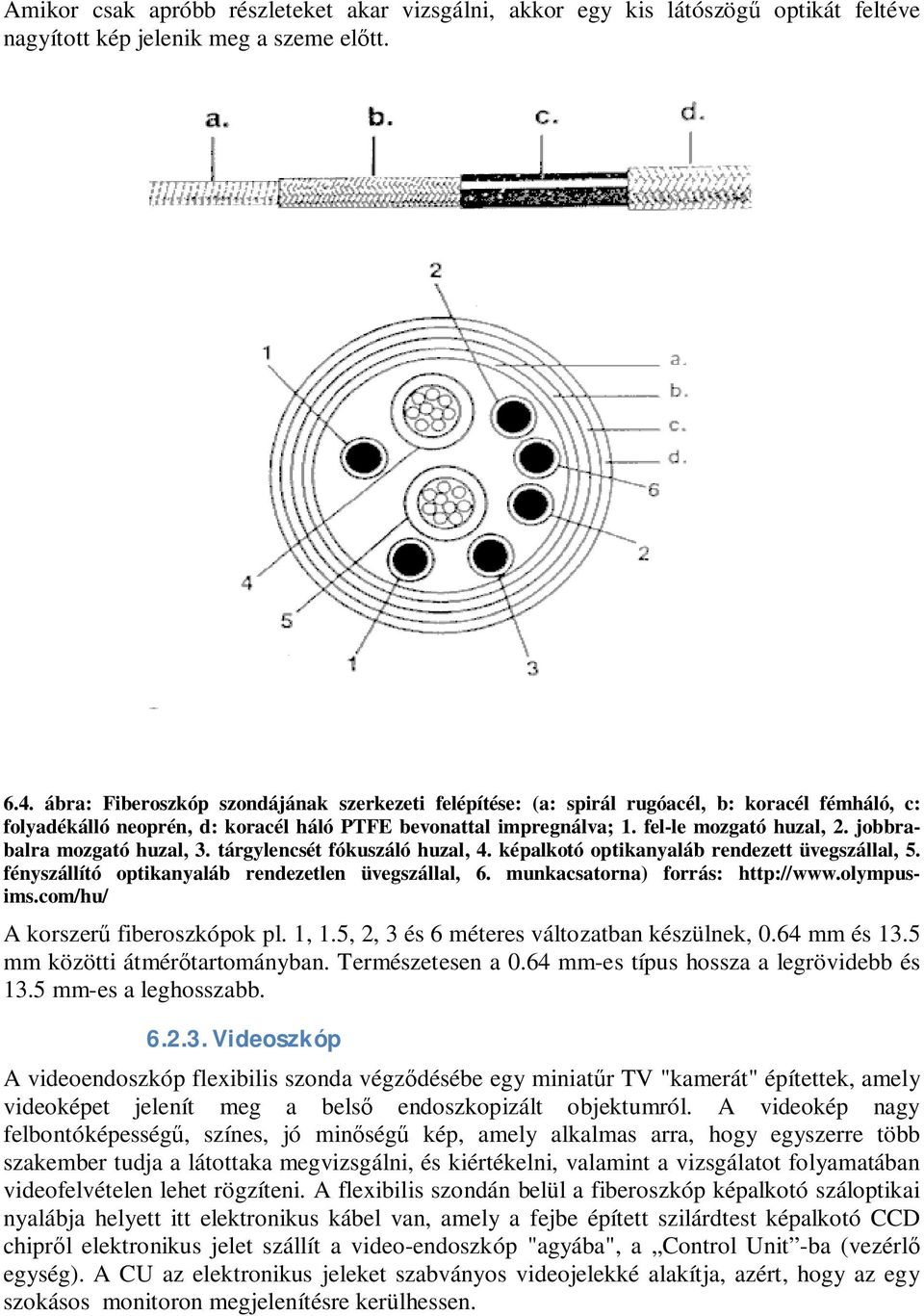 jobbrabalra mozgató huzal, 3. tárgylencsét fókuszáló huzal, 4. képalkotó optikanyaláb rendezett üvegszállal, 5. fényszállító optikanyaláb rendezetlen üvegszállal, 6. munkacsatorna) forrás: http://www.
