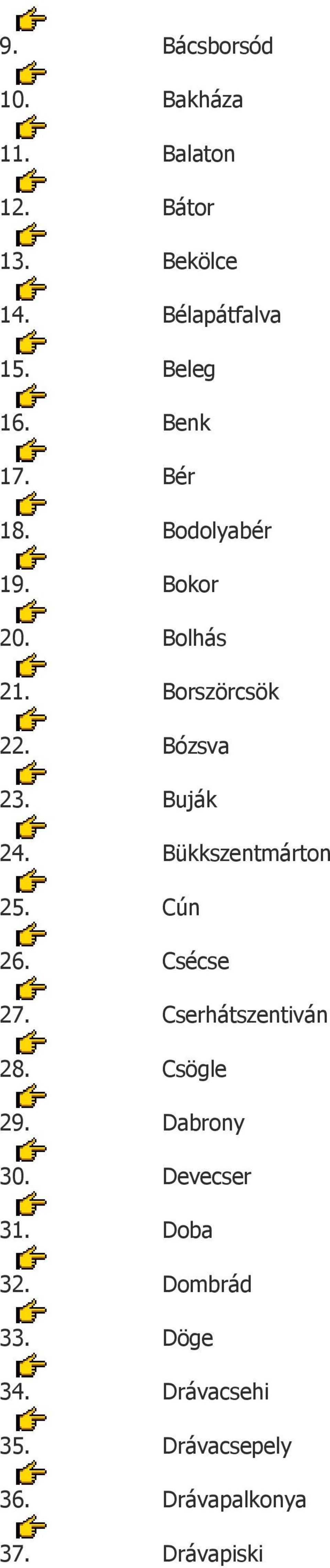 Bükkszentmárton 25. Cún 26. Csécse 27. Cserhátszentiván 28. Csögle 29. Dabrony 30.