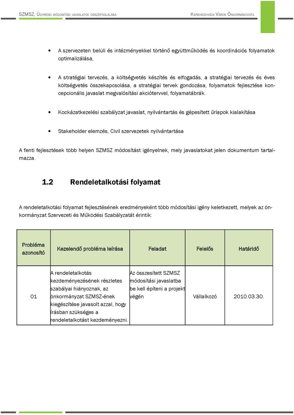 Kckázatkezelési szabályzat javaslat, nyilvántartás és gépesített űrlapk kialakítása Stakehlder elemzés, Civil szervezetek nyilvántartása A fenti fejlesztések több helyen SZMSZ módsítást igényelnek,