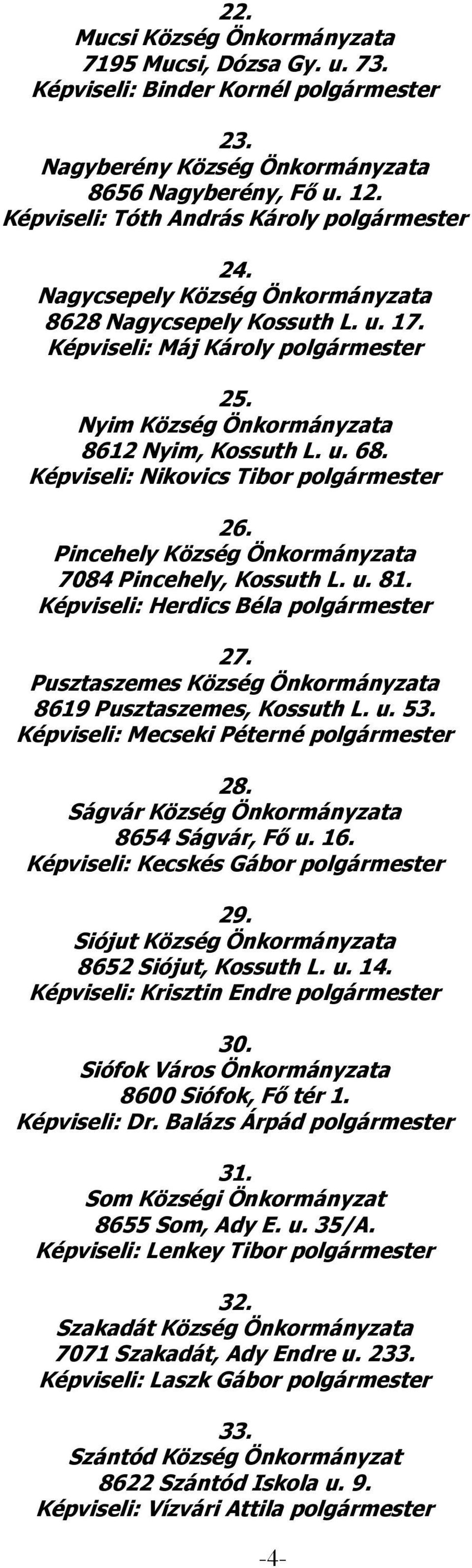 Nyim Község Önkormányzata 8612 Nyim, Kossuth L. u. 68. Képviseli: Nikovics Tibor polgármester 26. Pincehely Község Önkormányzata 7084 Pincehely, Kossuth L. u. 81.