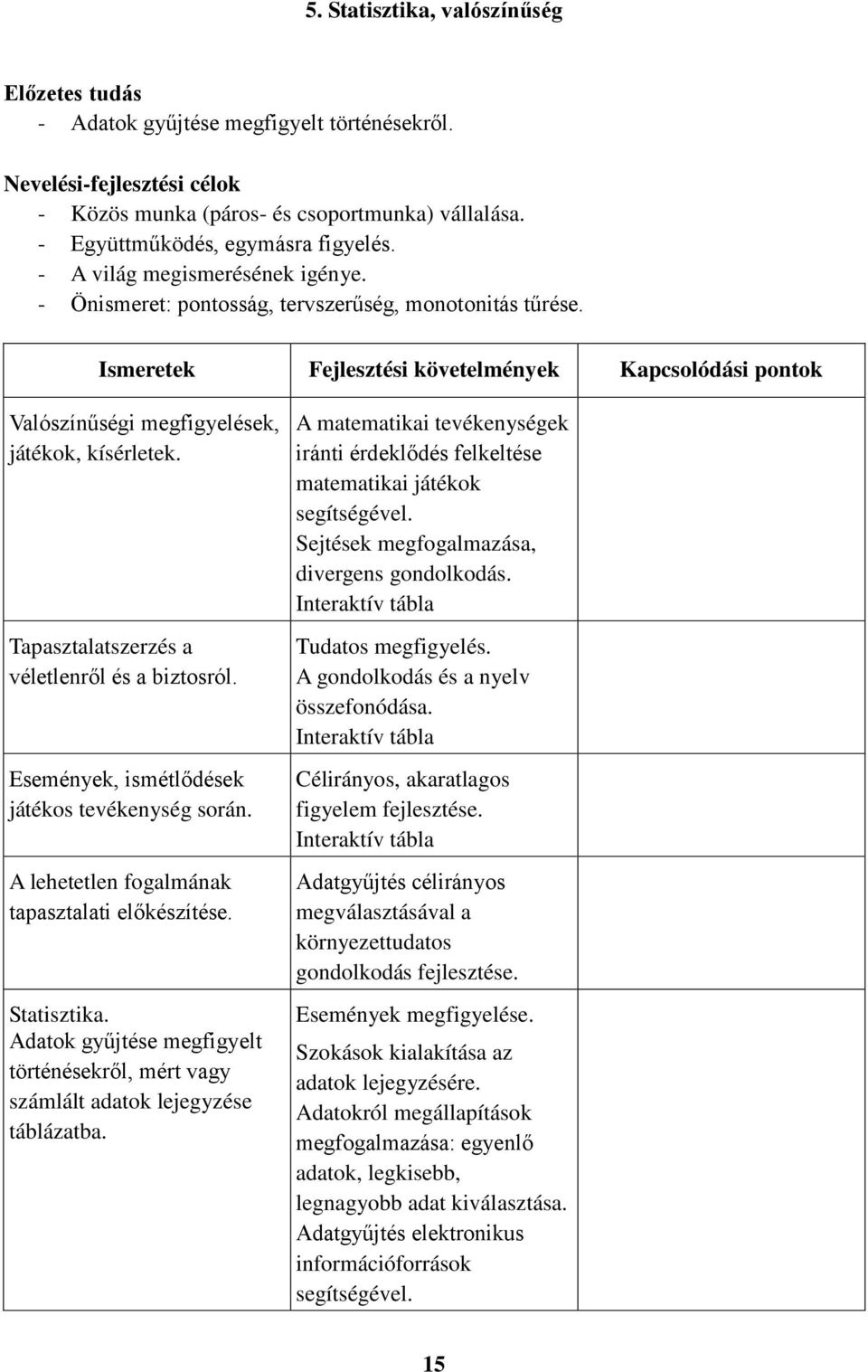 Tapasztalatszerzés a véletlenről és a biztosról. Események, ismétlődések játékos tevékenység során. A lehetetlen fogalmának tapasztalati előkészítése. Statisztika.