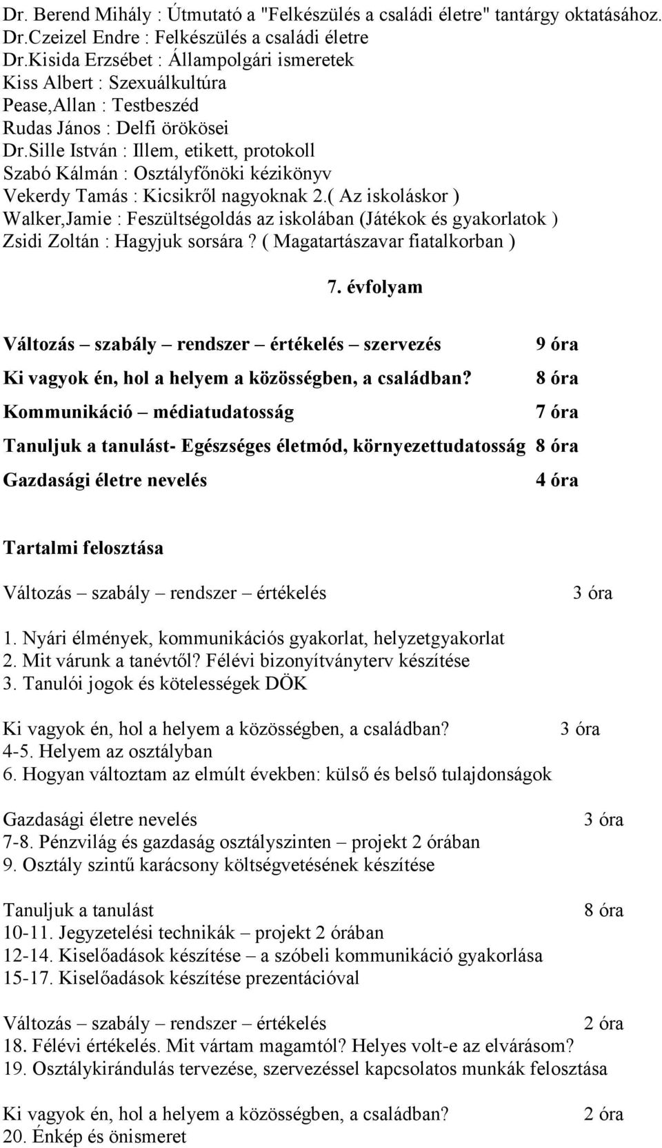 Sille István : Illem, etikett, protokoll Szabó Kálmán : Osztályfőnöki kézikönyv Vekerdy Tamás : Kicsikről nagyoknak 2.