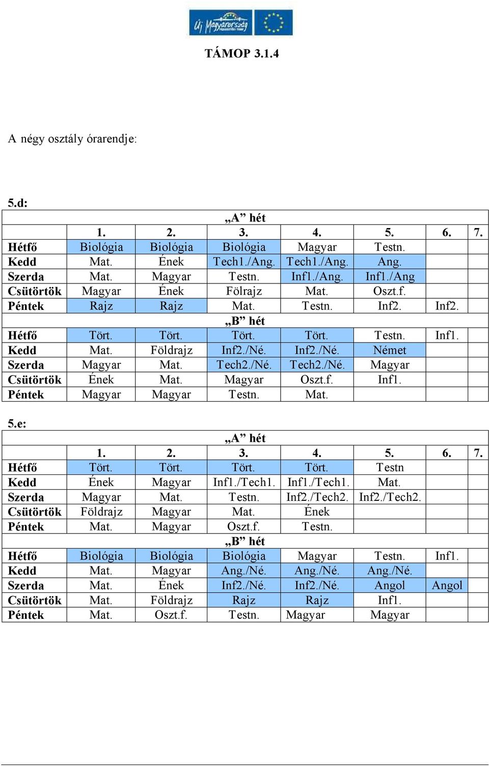 Inf2./Né. Német Szerda Magyar Mat. Tech2./Né. Tech2./Né. Magyar Csütörtök Ének Mat. Magyar Oszt.f. Inf1. Péntek Magyar Magyar Testn. Mat. 5.e: A hét 1. 2. 3. 4. 5. 6. 7. Hétfő Tört.