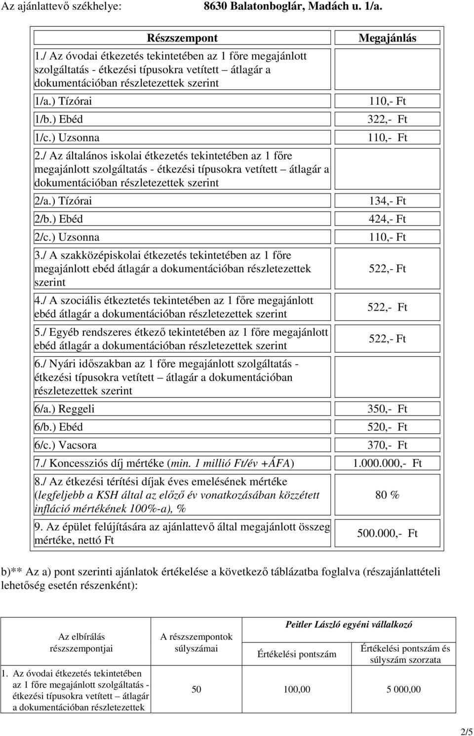 ) Ebéd 2/c.) Uzsonna 3./ A szakközépiskolai étkezetés tekintetében az 1 fıre megajánlott ebéd átlagár a dokumentációban részletezettek 4.