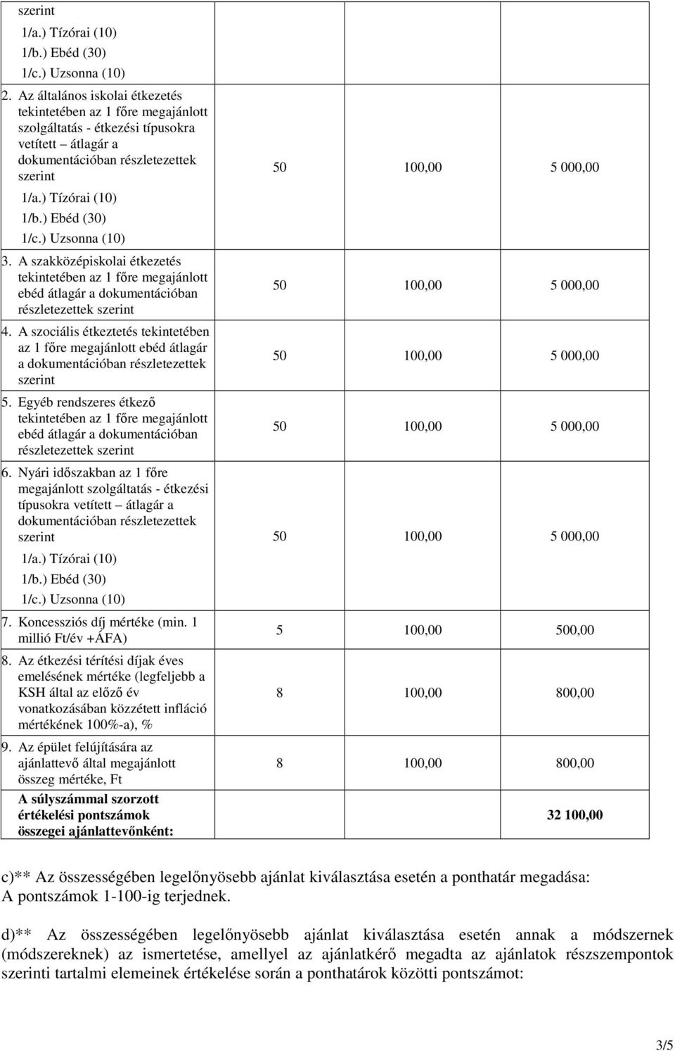 Nyári idıszakban az 1 fıre megajánlott szolgáltatás - étkezési típusokra vetített átlagár a dokumentációban részletezettek 7. Koncessziós díj mértéke (min. 1 millió Ft/év +ÁFA) 8.