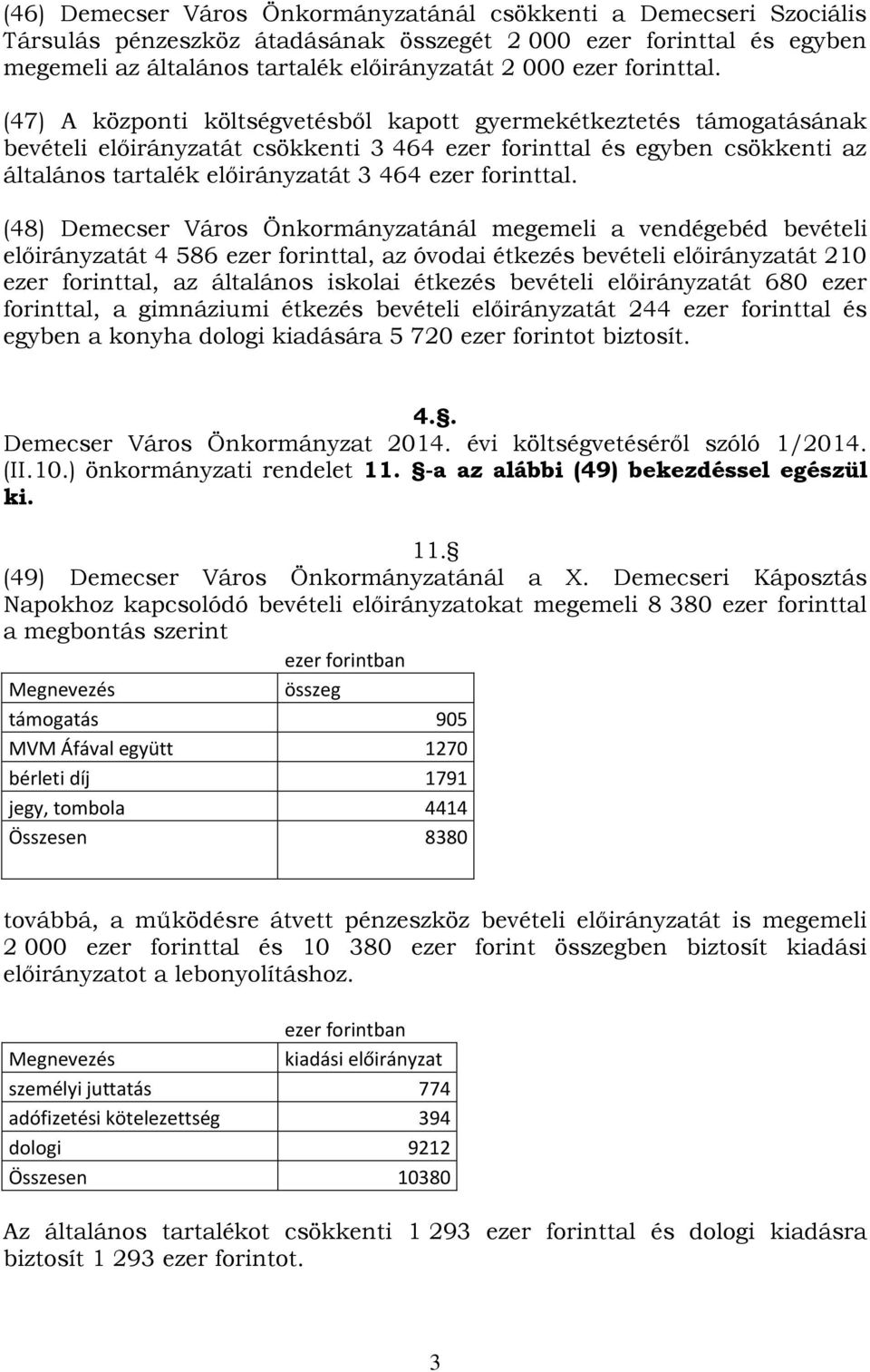 (47) A központi költségvetésből kapott gyermekétkeztetés támogatásának bevételi előirányzatát csökkenti 3 464 ezer forinttal és egyben csökkenti az általános tartalék előirányzatát 3 464 ezer  (48)