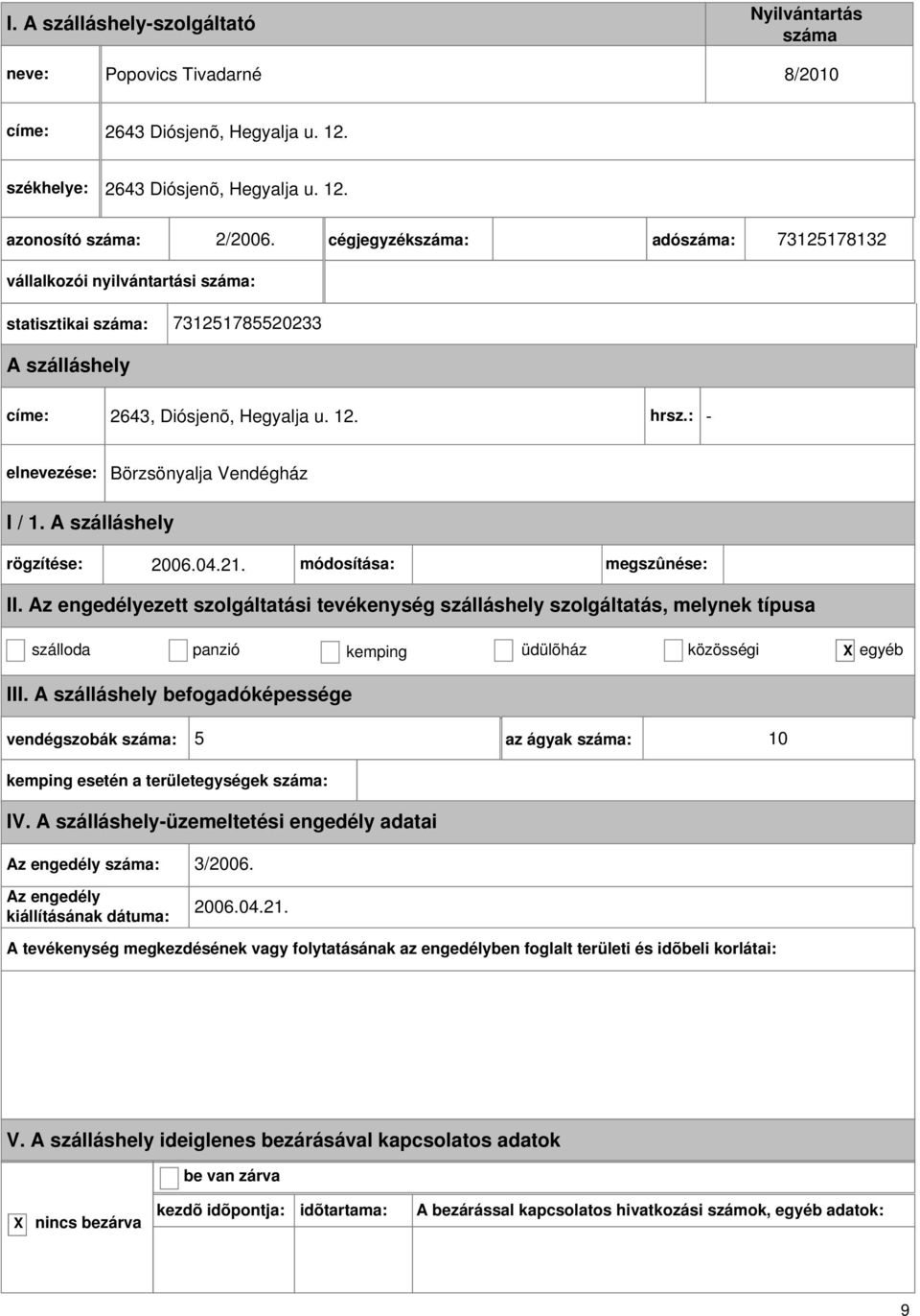 : - Börzsönyalja Vendégház I / 1. rögzítése: 2006.04.21. módosítása: megszûnése: szálloda panzió kemping üdülõház közösségi egyéb III.