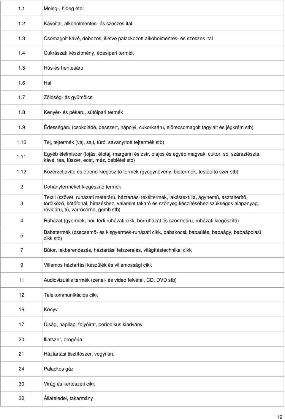 11 1.1 Tej, tejtermék (vaj, sajt, túró, savanyított tejtermék stb) Egyéb élelmiszer (tojás, étolaj, margarin és zsír, olajos és egyéb magvak, cukor, só, száraztészta, kávé, tea, fûszer, ecet, méz,