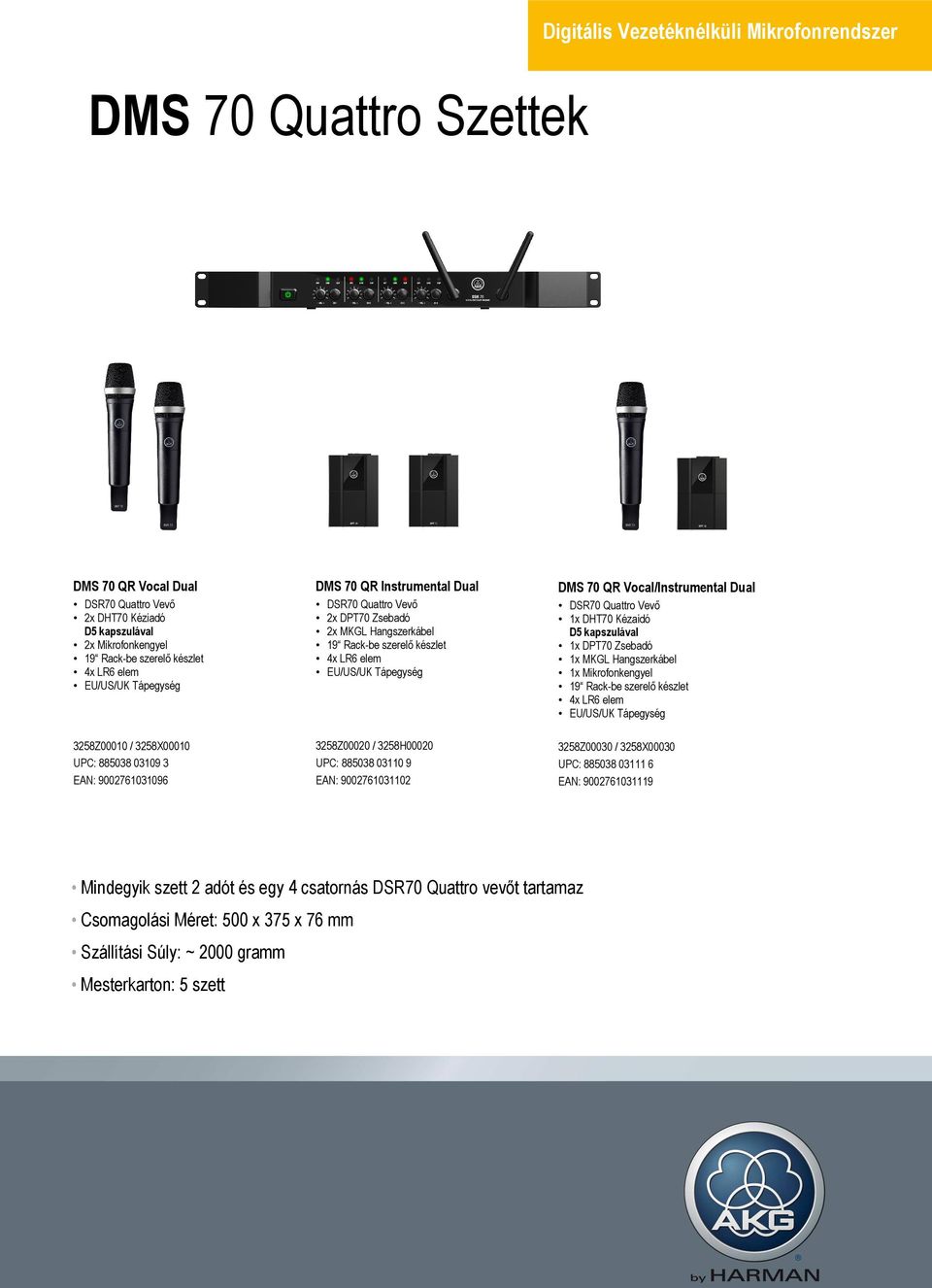 elem EU/US/UK Tápegység DMS 70 QR Vocal/Instrumental Dual DSR70 Quattro Vevő 1x DHT70 Kézaidó D5 kapszulával 1x DPT70 Zsebadó 1x MKGL Hangszerkábel 1x Mikrofonkengyel 19 Rack-be szerelő készlet 4x