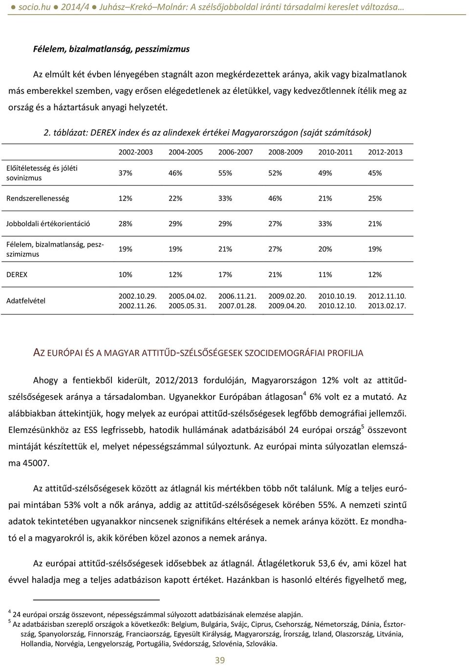 táblázat: DEREX index és az alindexek értékei Magyarországon (saját számítások) 2002-2003 2004-2005 2006-2007 2008-2009 2010-2011 2012-2013 Előítéletesség és jóléti sovinizmus 37% 46% 55% 52% 49% 45%