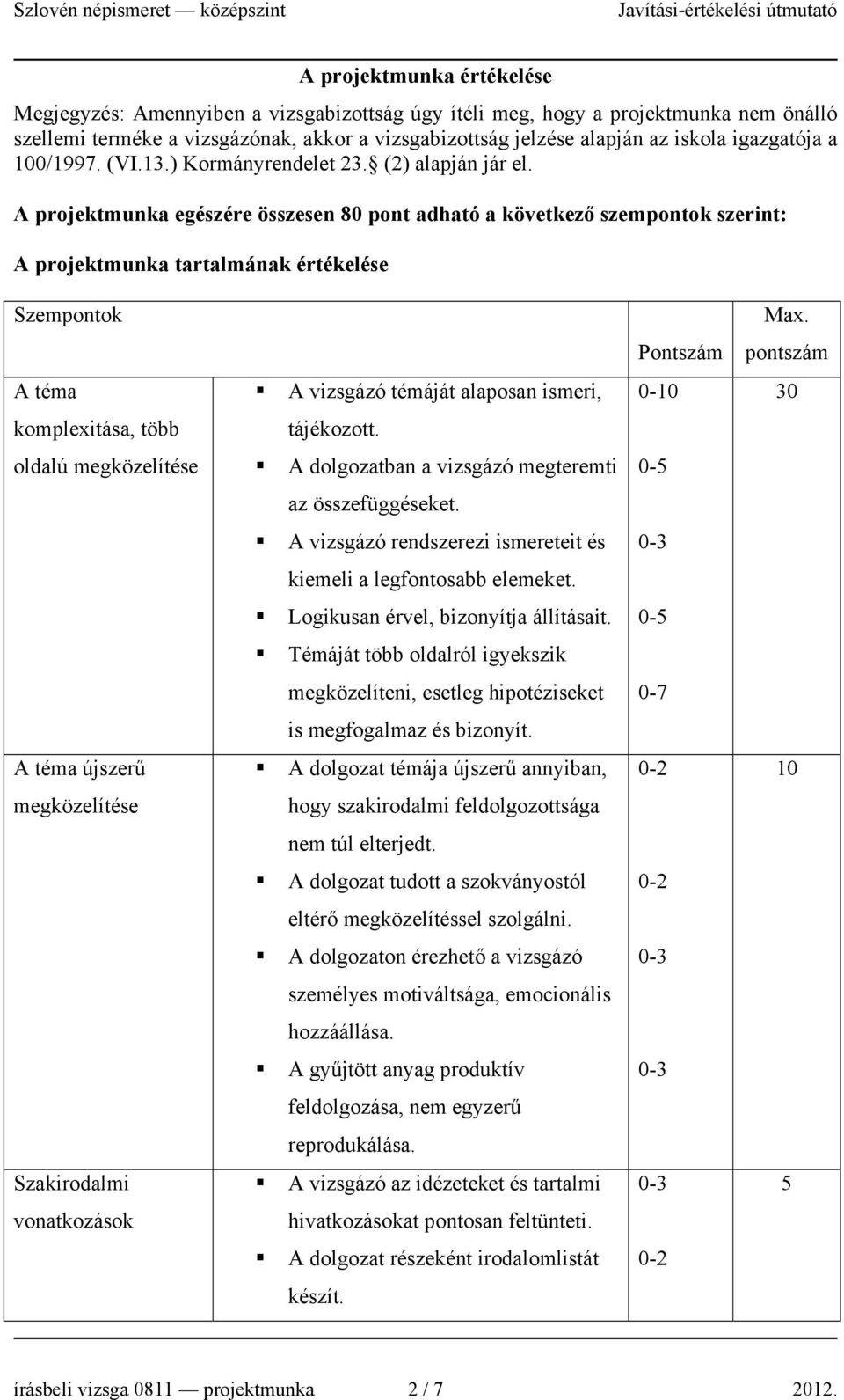 A projektmunka egészére összesen 80 pont adható a következő szempontok szerint: A projektmunka tartalmának értékelése Pontszám A téma A vizsgázó témáját alaposan ismeri, 0-10 30 komplexitása, több