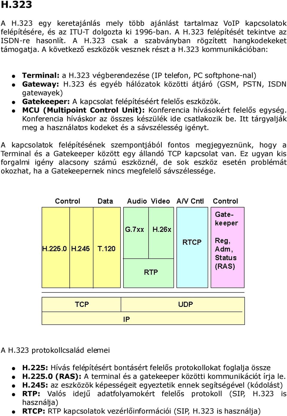 323 és egyéb hálózatok közötti átjáró (GSM, PSTN, ISDN gatewayek) Gatekeeper: A kapcsolat felépítéséért felelős eszközök. MCU (Multipoint Control Unit): Konferencia hívásokért felelős egység.