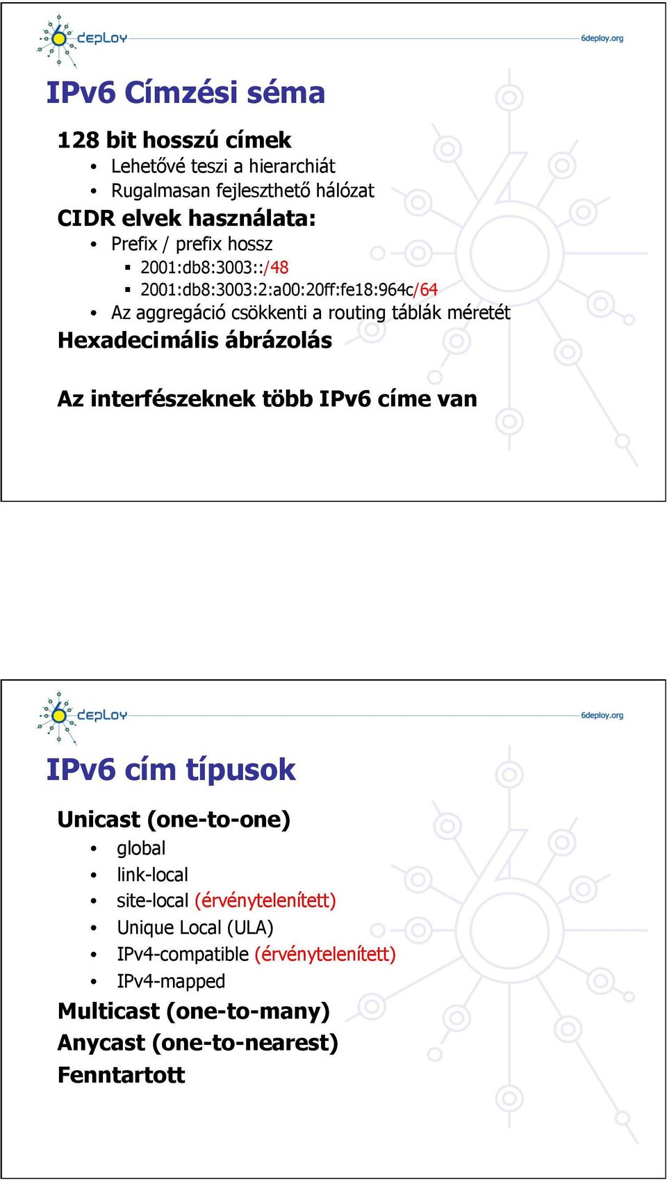 interfészeknek több IPv6 címe van IPv6 cím típusok Unicast (one-to-one) global link-local site-local (érvénytelenített) Unique Local (ULA)