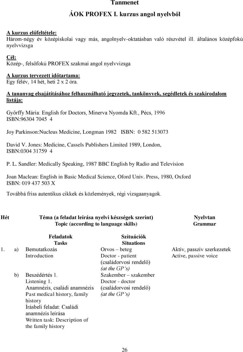 A tananyag elsajátításához felhasználható jegyzetek, tankönyvek, segédletek és szakirodalom listája: Győrffy Mária: English for Doctors, Minerva Nyomda Kft.