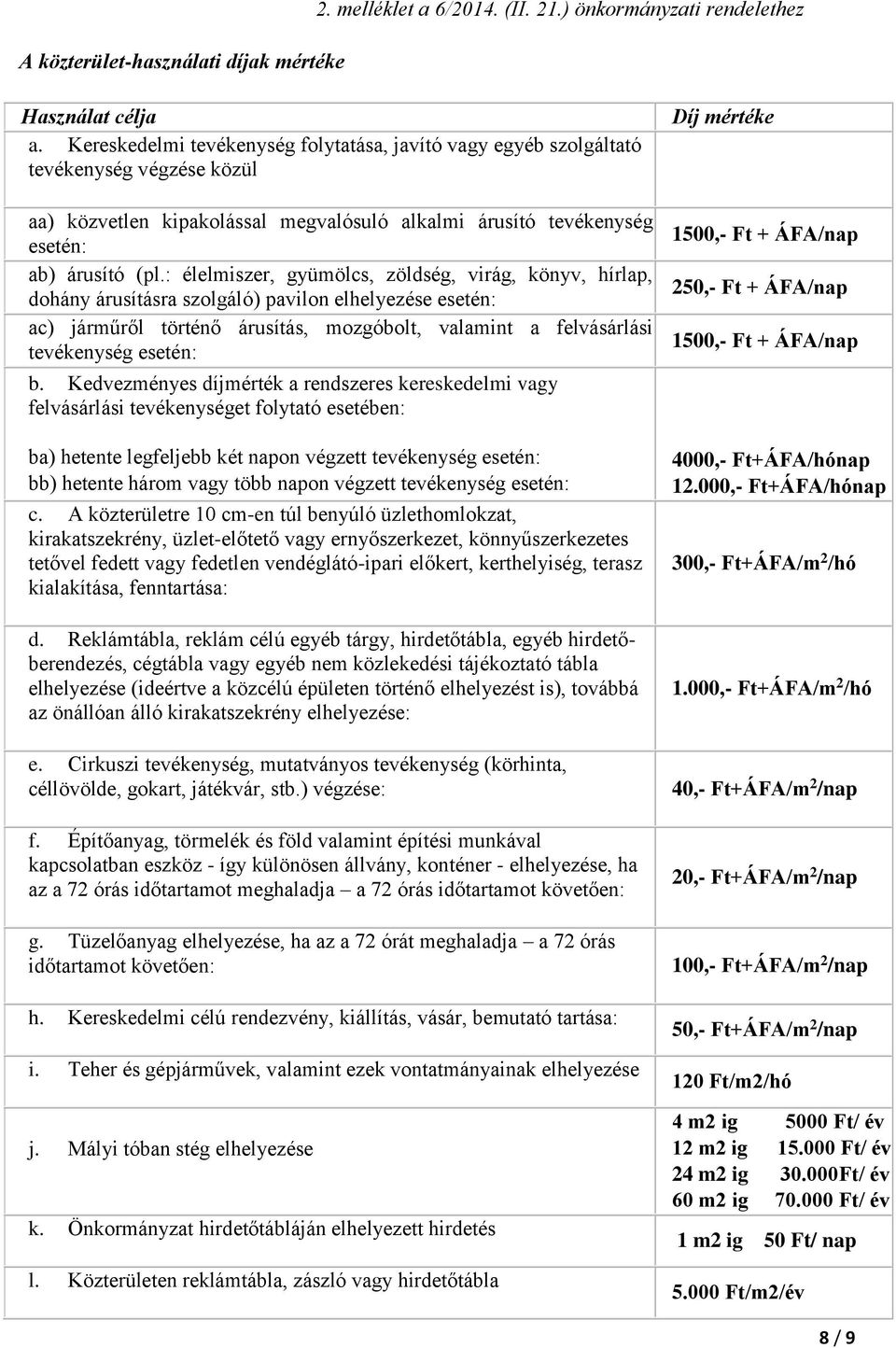: élelmiszer, gyümölcs, zöldség, virág, könyv, hírlap, dohány árusításra szolgáló) pavilon elhelyezése esetén: ac) járműről történő árusítás, mozgóbolt, valamint a felvásárlási tevékenység esetén: b.