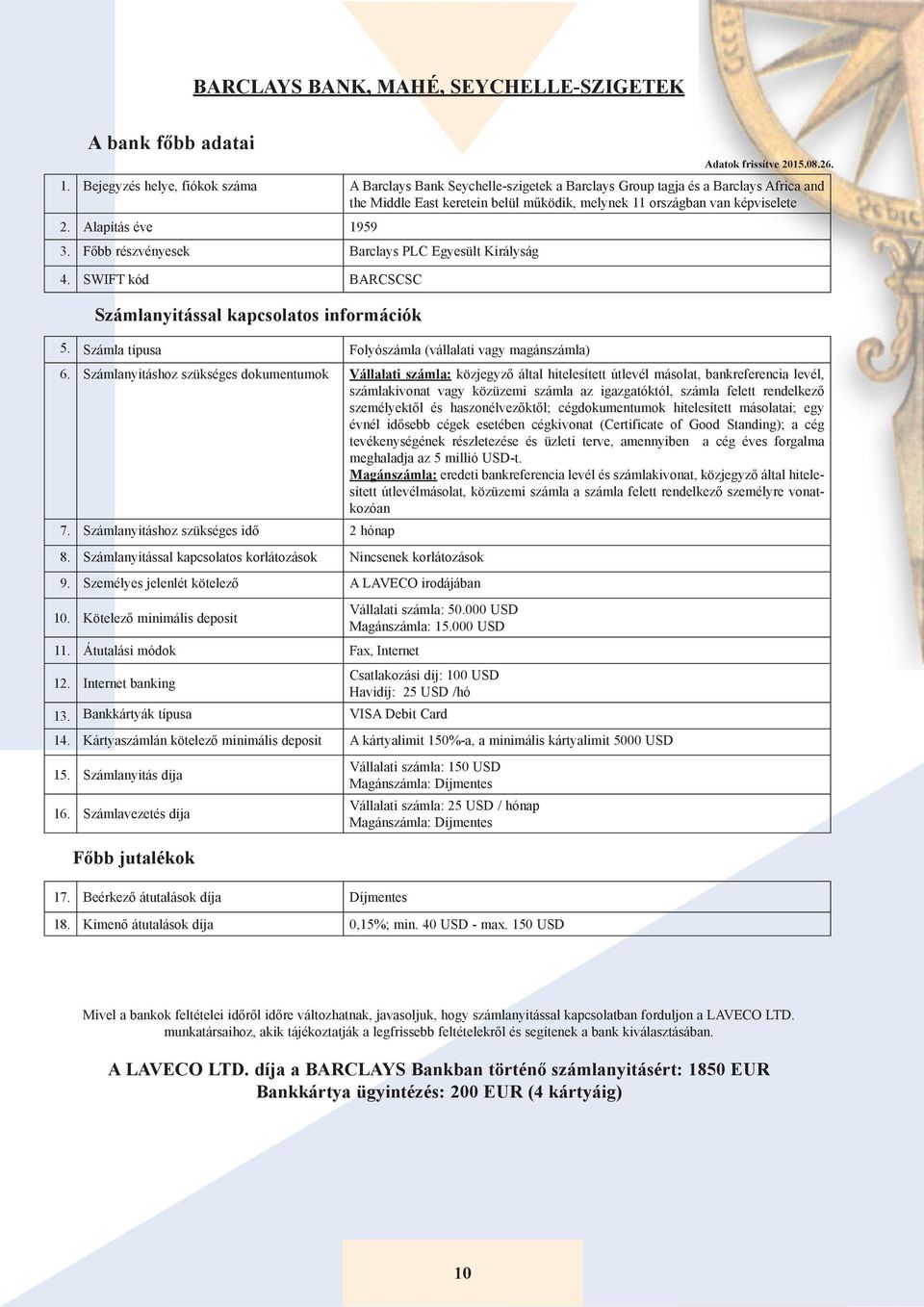 Alapítás éve 1959 3. Főbb részvényesek Barclays PLC Egyesült Királyság 4. SWIFT kód BARCSCSC 5. Számla típusa Folyószámla (vállalati vagy magánszámla) 6.