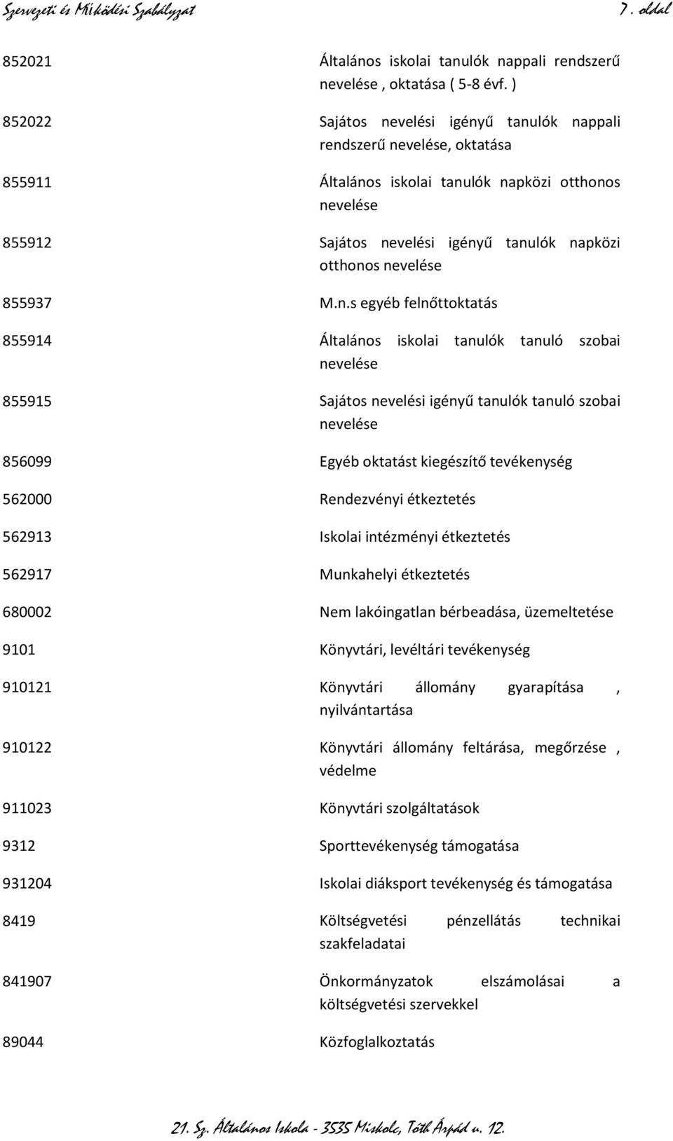 nevelése 855937 M.n.s egyéb felnőttoktatás 855914 Általános iskolai tanulók tanuló szobai nevelése 855915 Sajátos nevelési igényű tanulók tanuló szobai nevelése 856099 Egyéb oktatást kiegészítő